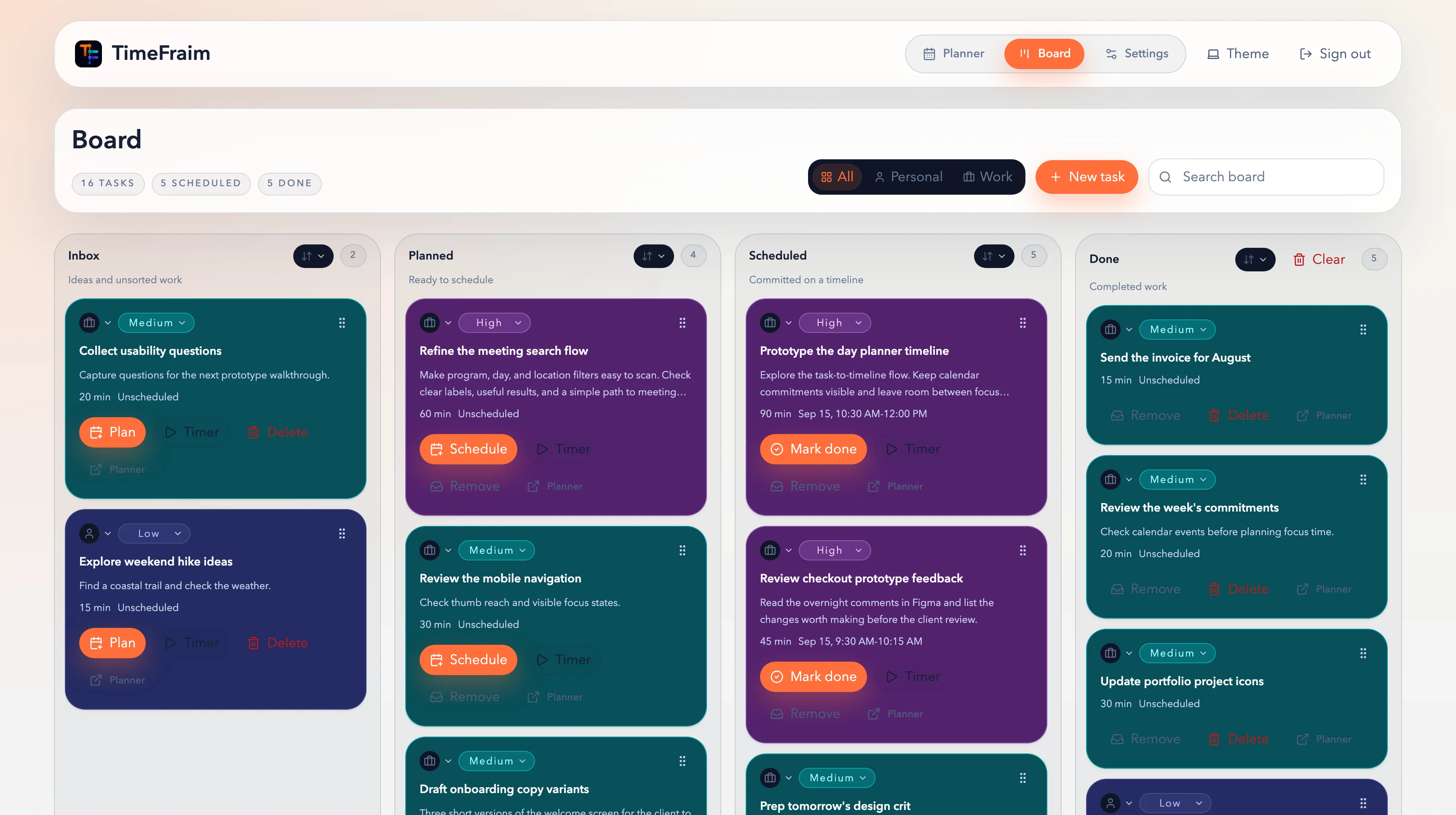 TimeFraim kanban board in light mode with sample tasks in Inbox, Planned, Scheduled, and Done columns