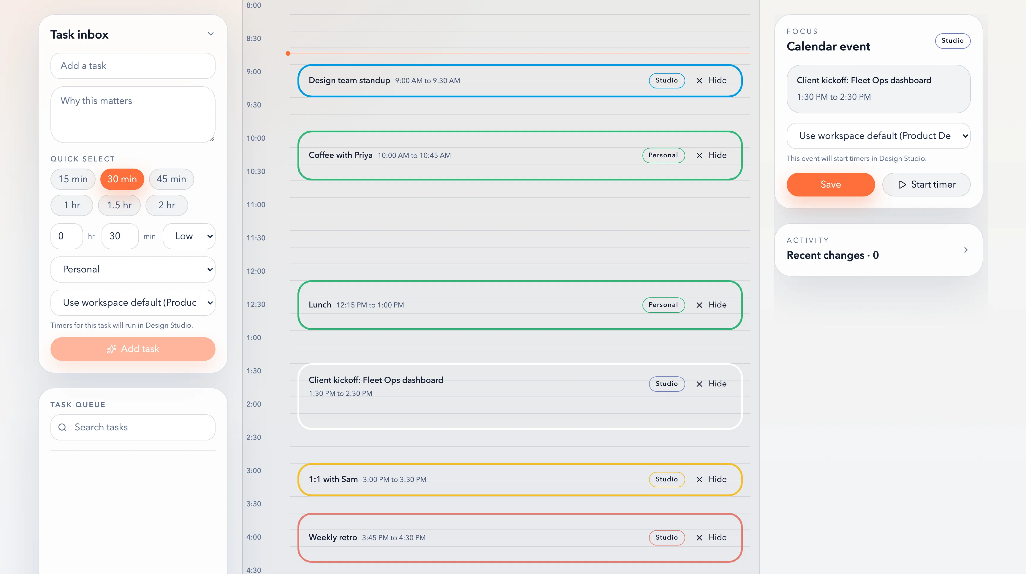 TimeFraim planner in light mode with a day of Google Calendar events on the timeline and no tasks planned yet