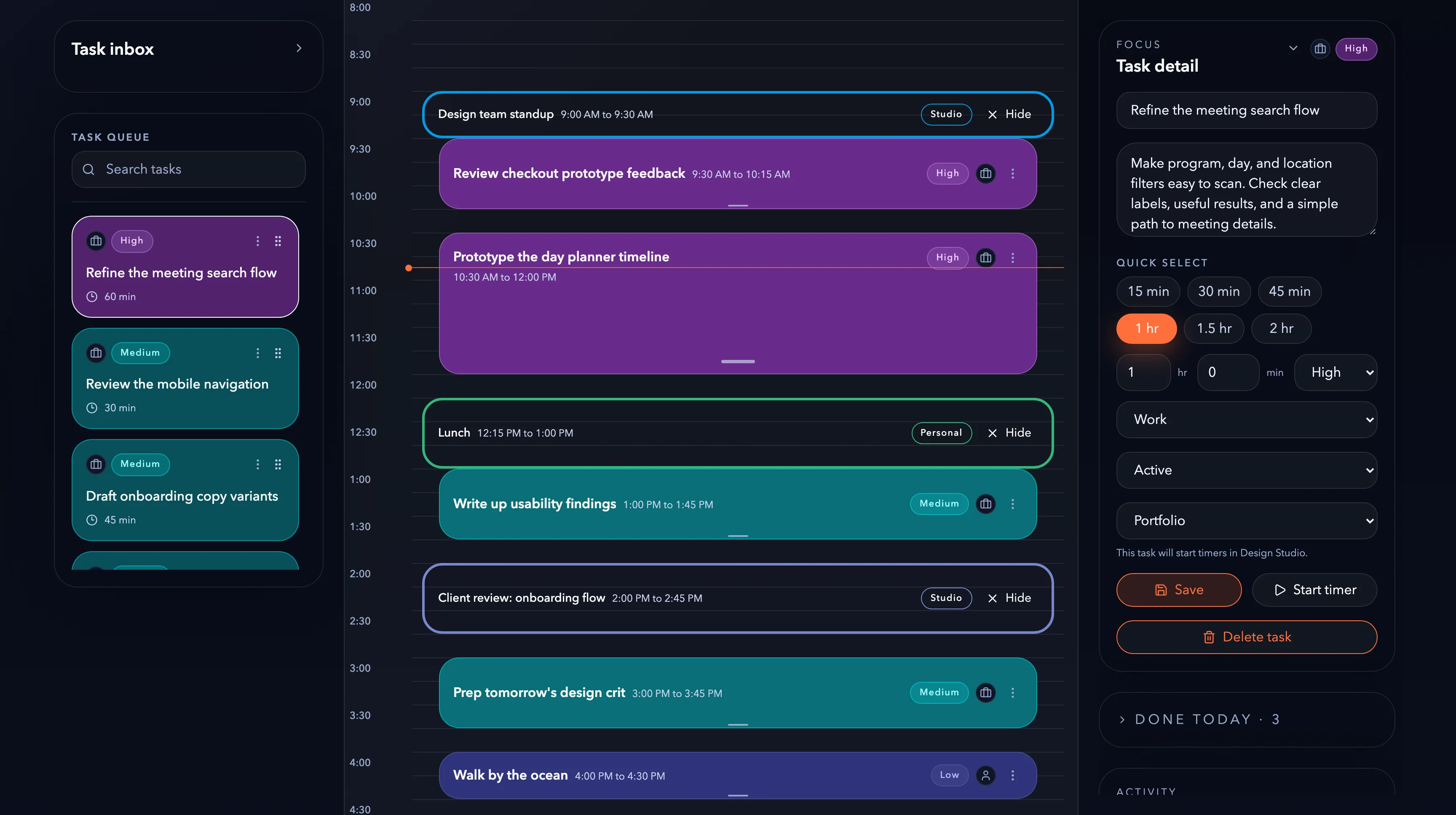 Selected TimeFraim task with notes, duration choices, priority, and timer controls beside the timeline