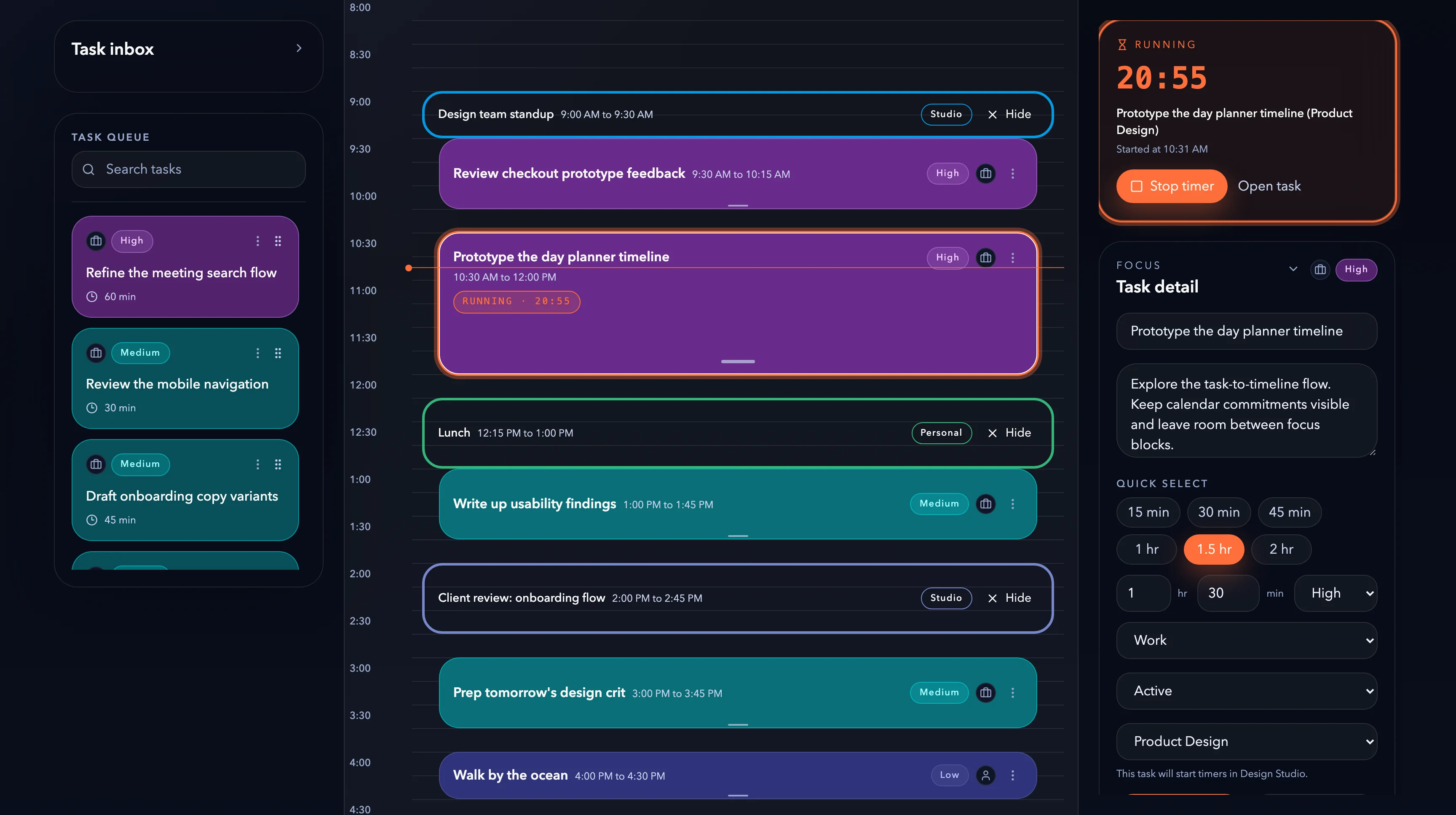 TimeFraim planner with an active focus timer for a scheduled design task