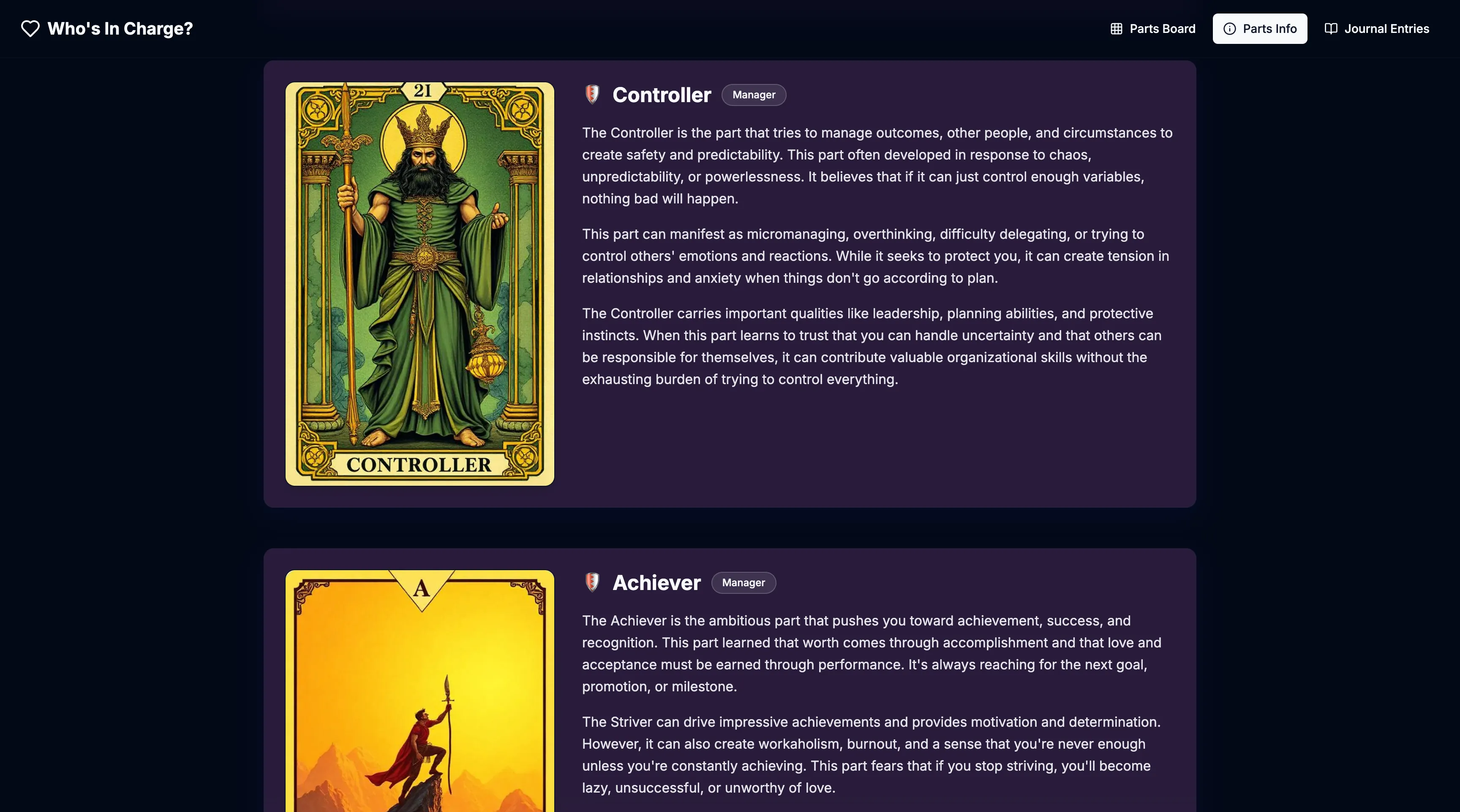 Parts overview showing current cast